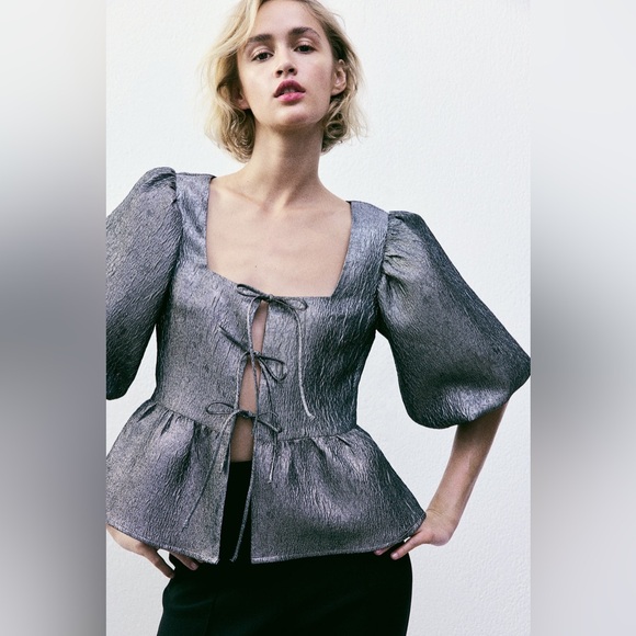 H&M silver metallic tie front top bubble sleeve blouse peplum pewter medium - Picture 3 of 17